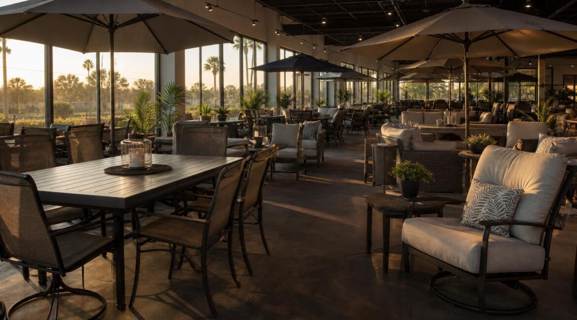 Featured wide shot of the North Fort Myers patio furniture showroom floor with multiple furniture groupings.