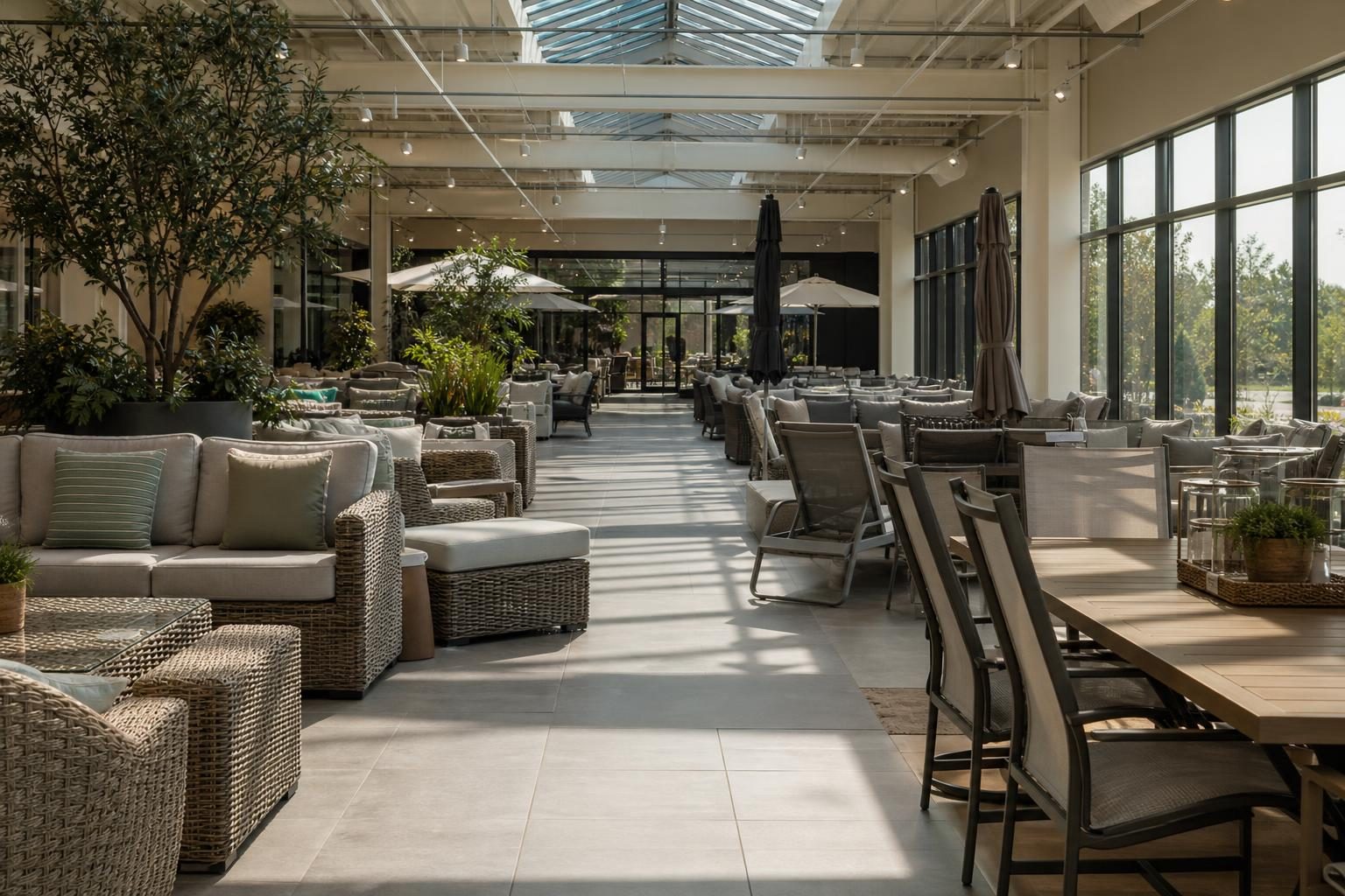 Showroom aisle displaying both wicker sectional seating and sling dining chairs under skylights