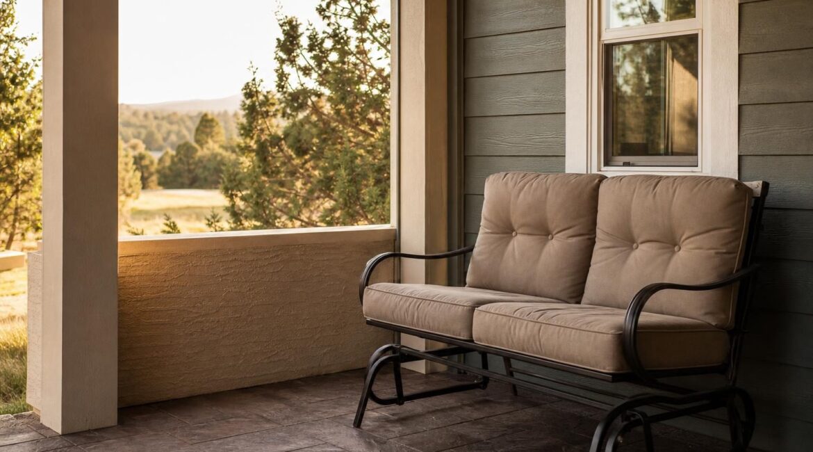 Featured wide shot of a patio glider loveseat on a covered porch nook.
