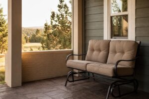Featured wide shot of a patio glider loveseat on a covered porch nook.