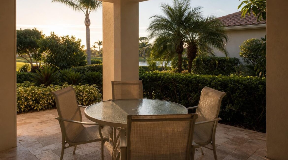Round glass-top patio dining table with aluminum chairs