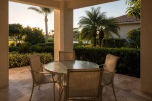 Round glass-top patio dining table with aluminum chairs