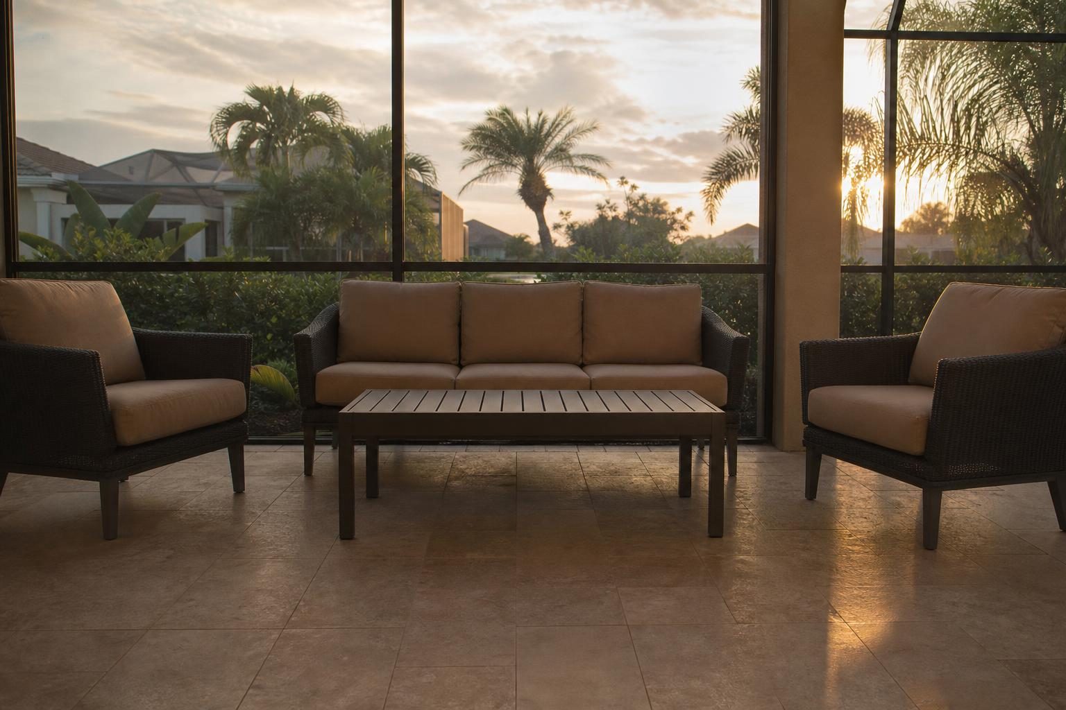 Single rectangular coffee table centered in a patio seating group