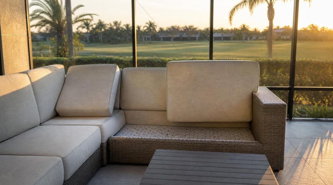 Outdoor sectional with a seat cushion lifted off to show the seat base underneath