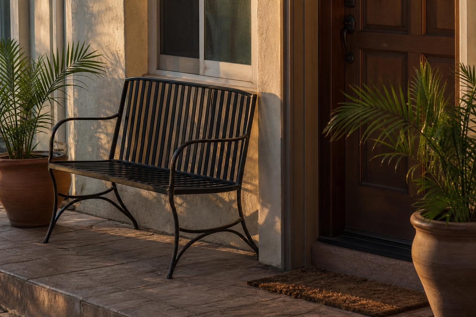 Upright-backed outdoor bench placed beside a front entry