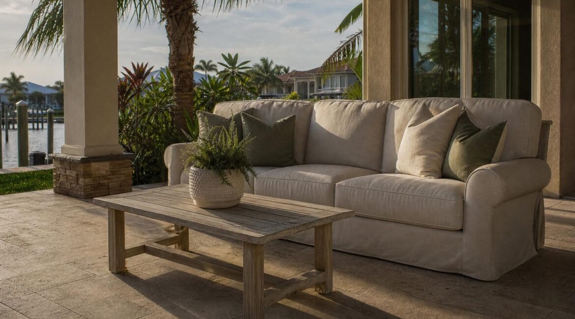 Outdoor sofa with rolled arms on a covered patio