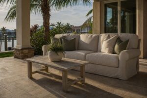 Outdoor sofa with rolled arms on a covered patio