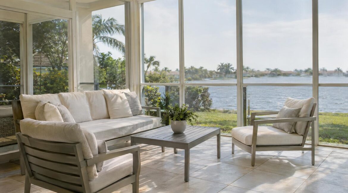 Cream-cushioned sofa and lounge chairs in a bright glass-enclosed sunroom with tall windows