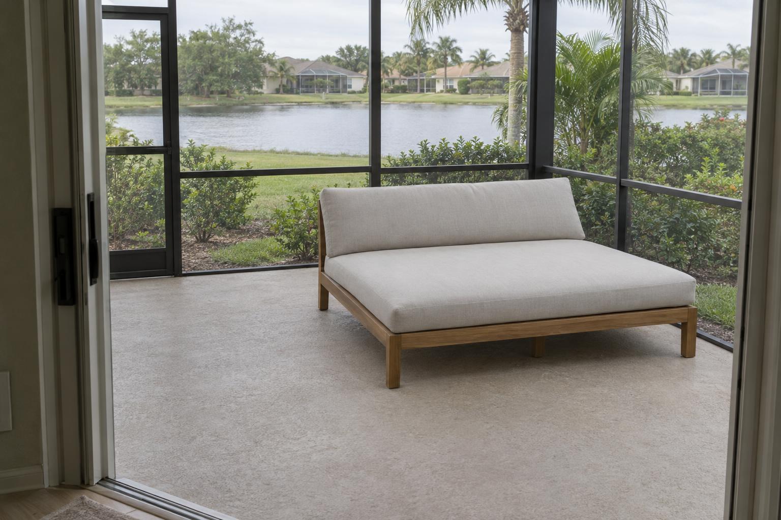 A double chaise positioned beside an open walking route on a screened lanai