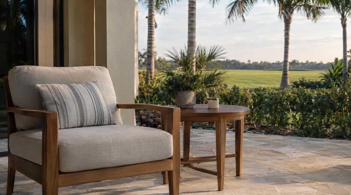 A teak side table beside a cushioned outdoor armchair on a covered patio