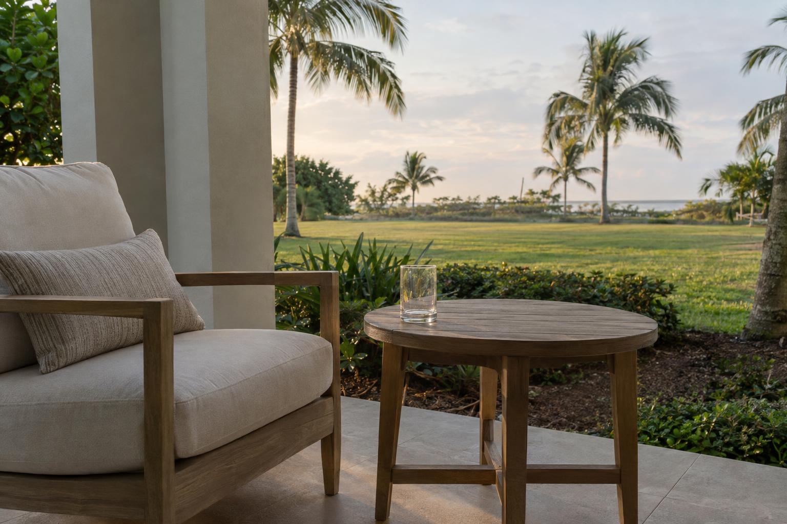 A round teak side table with an empty glass beside a cushioned armchair on a covered patio
