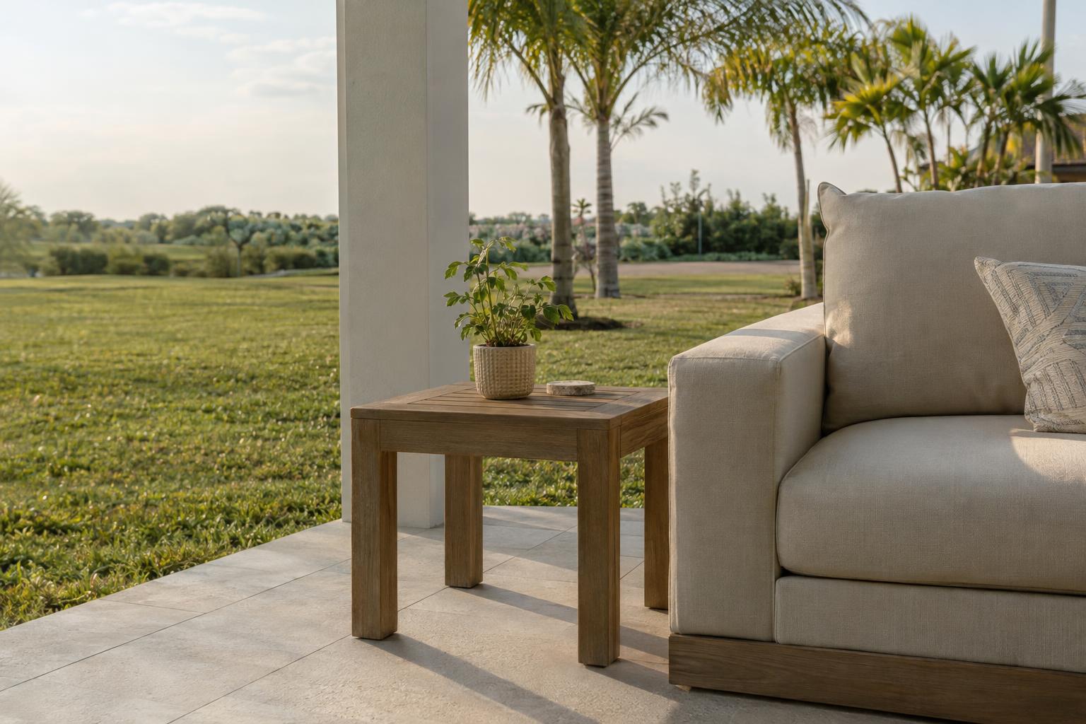 A square teak side table beside the straight arm of a cushioned outdoor sofa on a patio